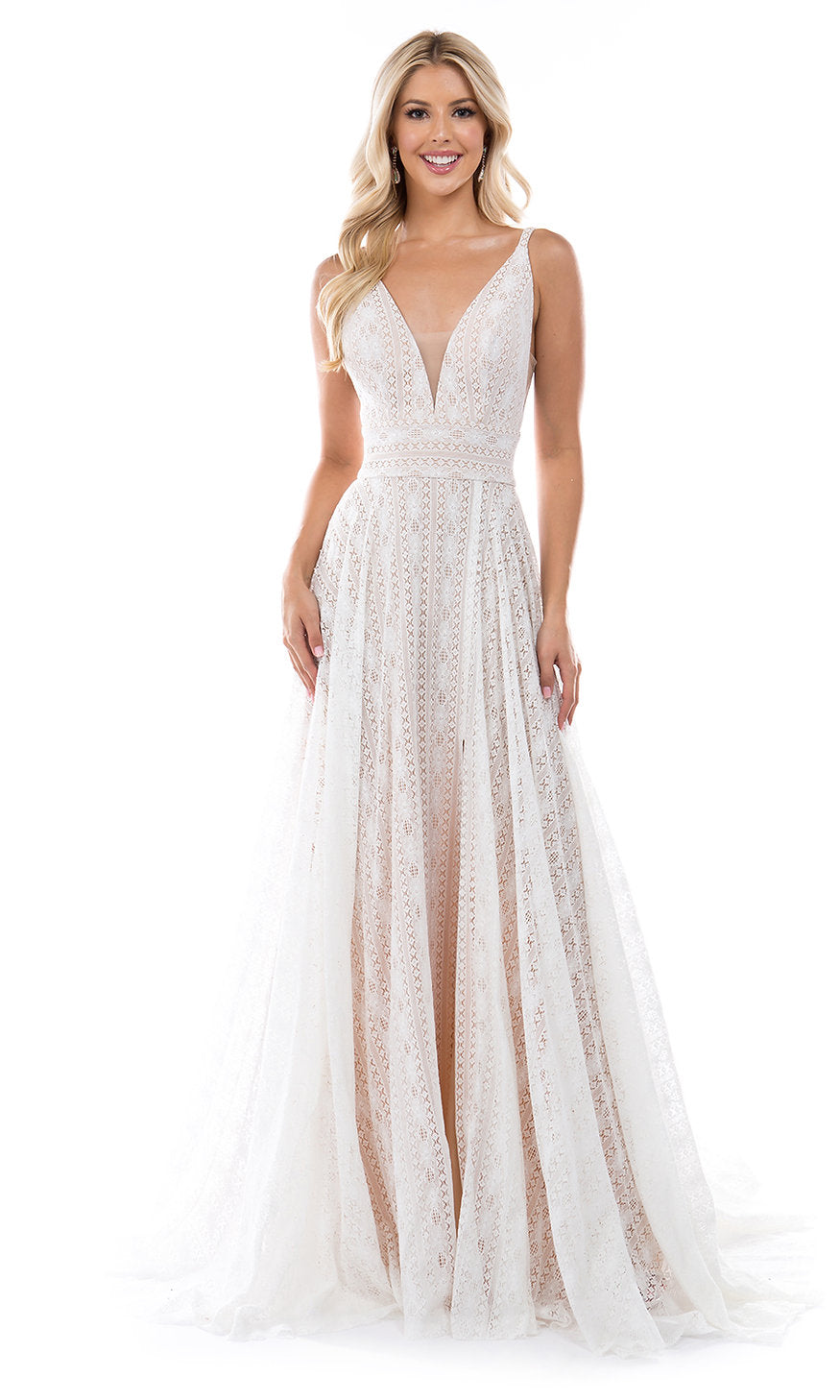 A woman wears the Long Formal Dress: Nina Canacci 6553, a sleeveless, floor-length white lace gown with a plunging v-neckline and fitted bodice, standing against a plain white background.